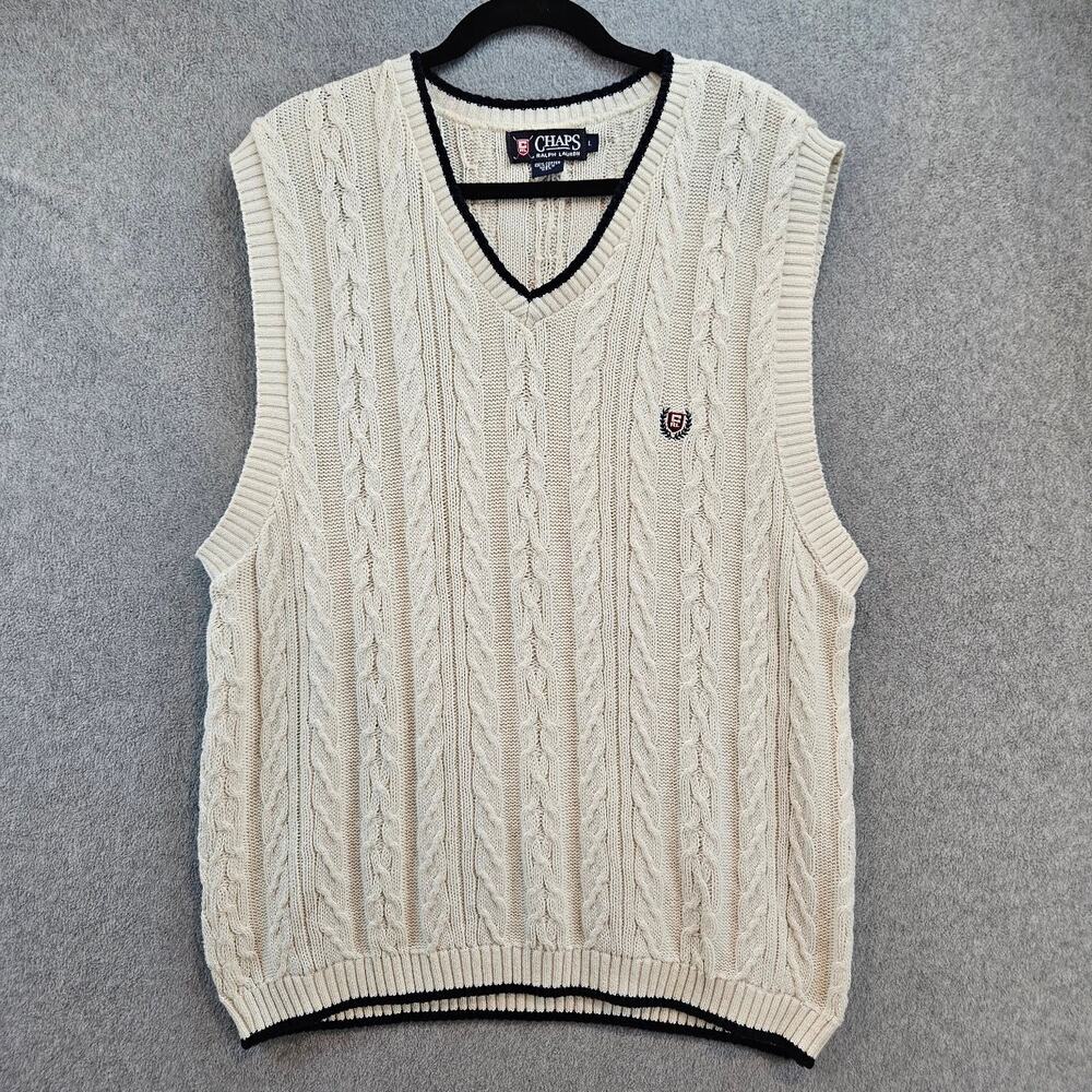 CHAPS RALPH LAUREN | Ivory Cable-Knit Sweater Vest Mens Sz L Quiet Luxury Preppy